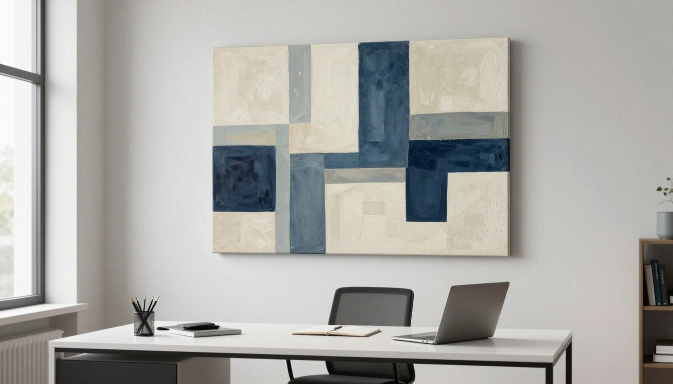 modern office space with abstract canvas wall art above desk