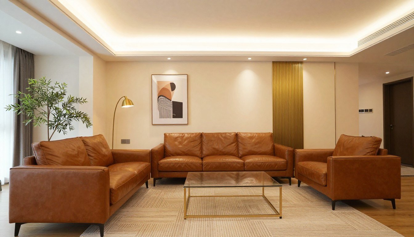 Luxurious living room featuring brown leather sofa with complementary color accents