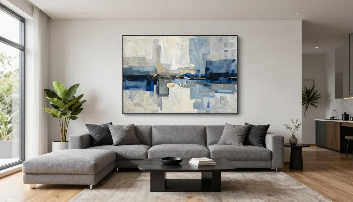modern living room with large abstract contemporary wall art above sofa
