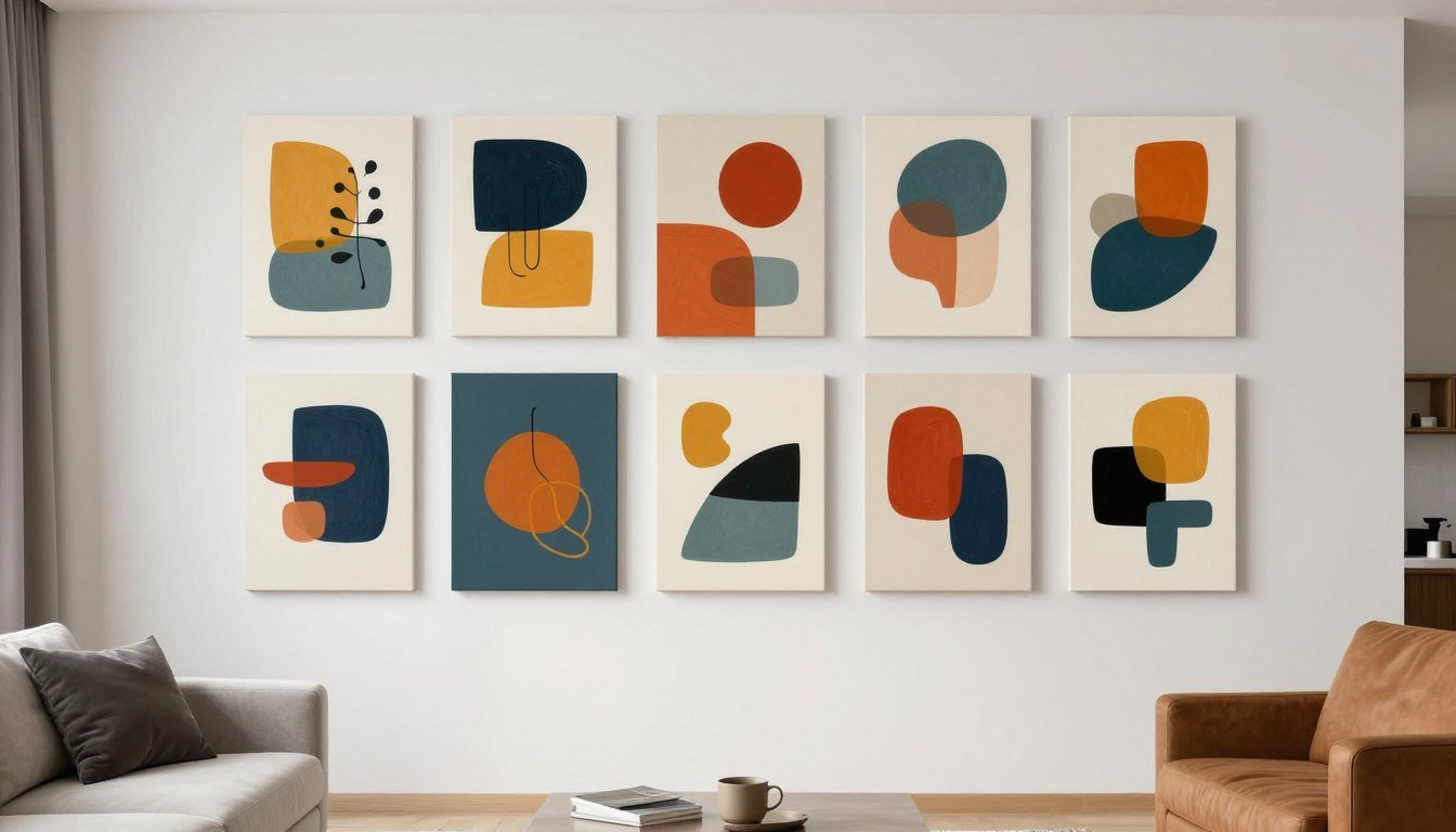 Cuadros abstractos coloridos en salón moderno con tonos vibrantes