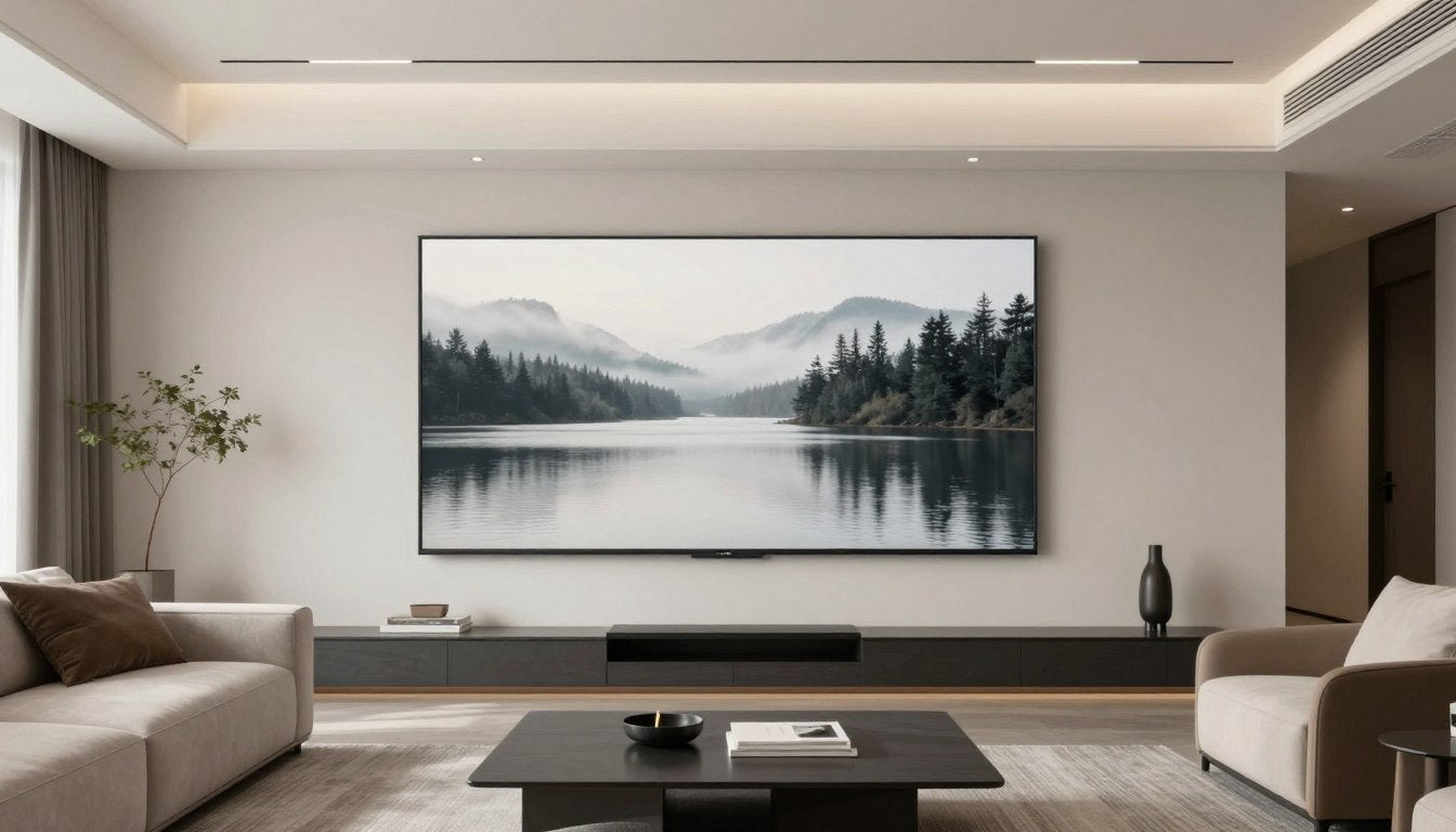 Salón moderno con cuadros espectaculares de gran formato en pared principal