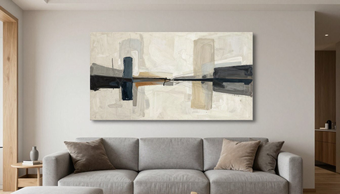 cuadros grandes salon modernos con arte abstracto en pared principal
