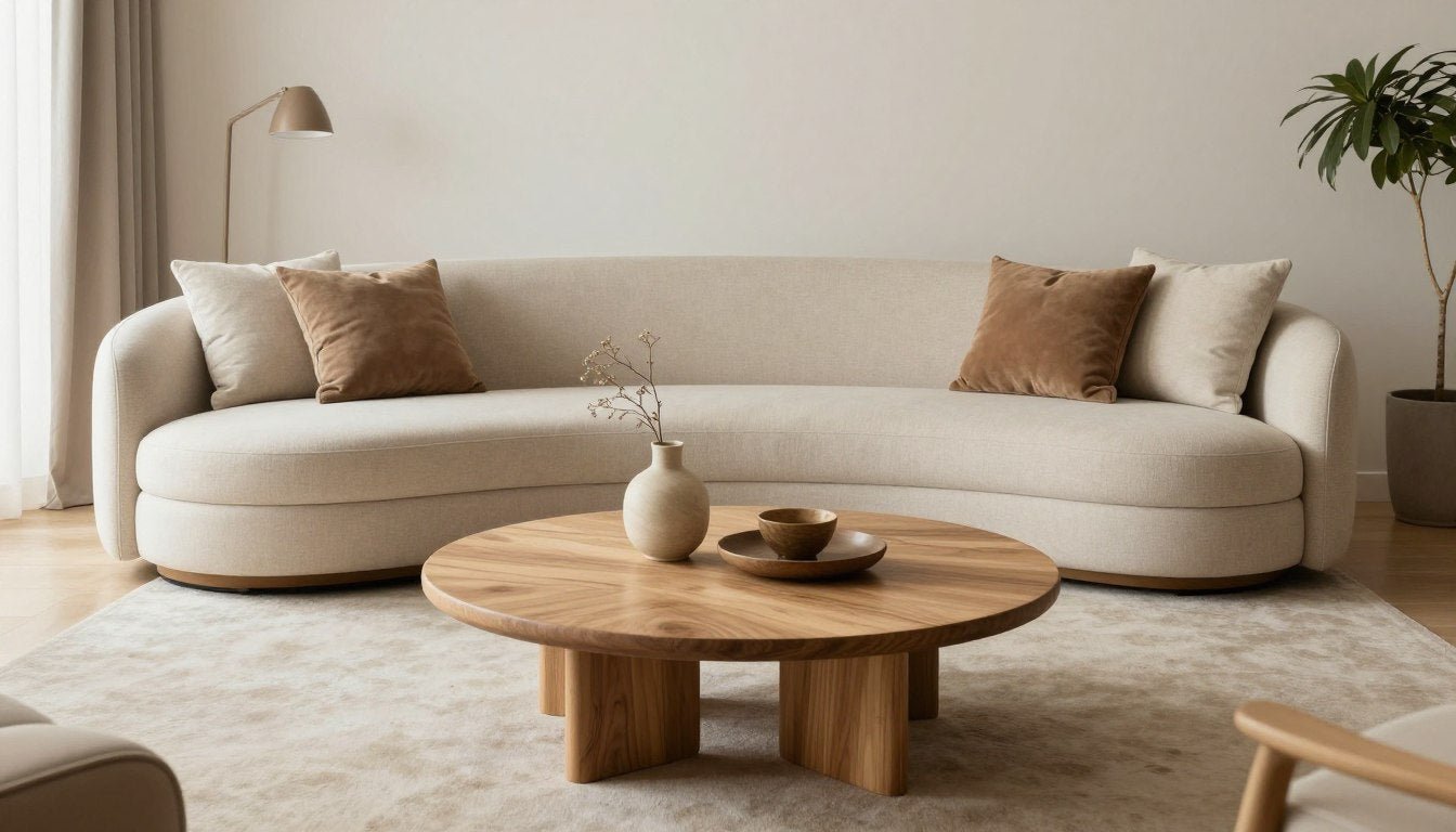 Living room featuring curved sofa, round coffee table, and organic-shaped decor elements with soft lighting