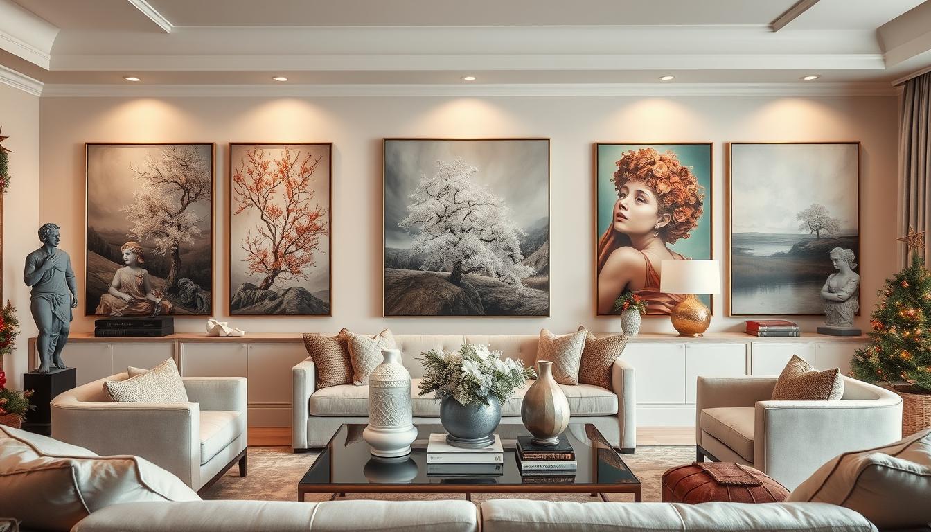 Elegant Rossetti Art holiday collection featuring canvas prints and sculptures arranged in a festive setting with subtle holiday