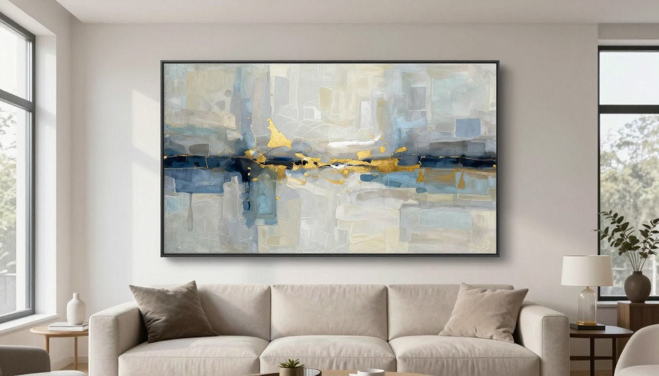 Modern abstract wall art in a bright living room showing proper scale and proportion