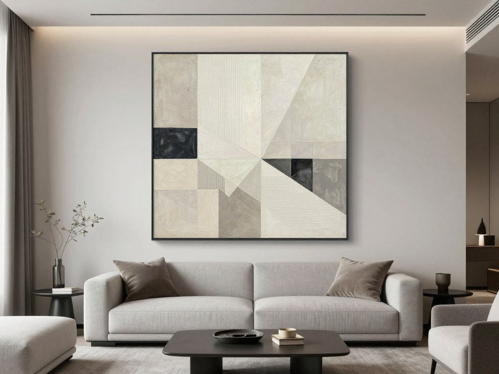 Modern living room featuring a large abstract canvas with geometric patterns in neutral tones