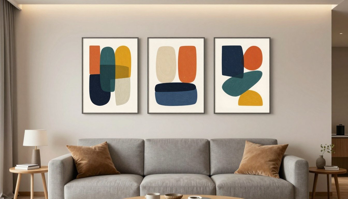 Salon moderne avec décoration murale originale abstraite colorée