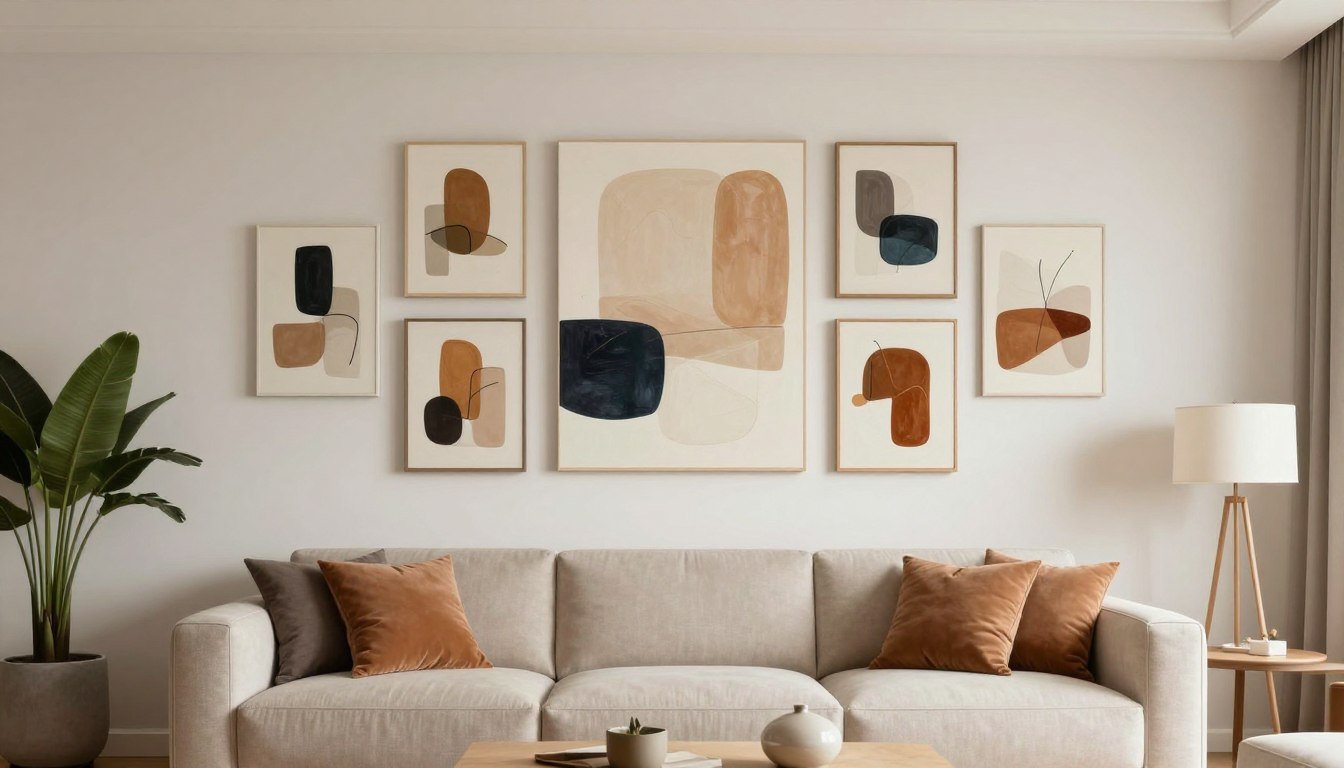 salon moderne avec décoration murale élégante composée de plusieurs toiles abstraites