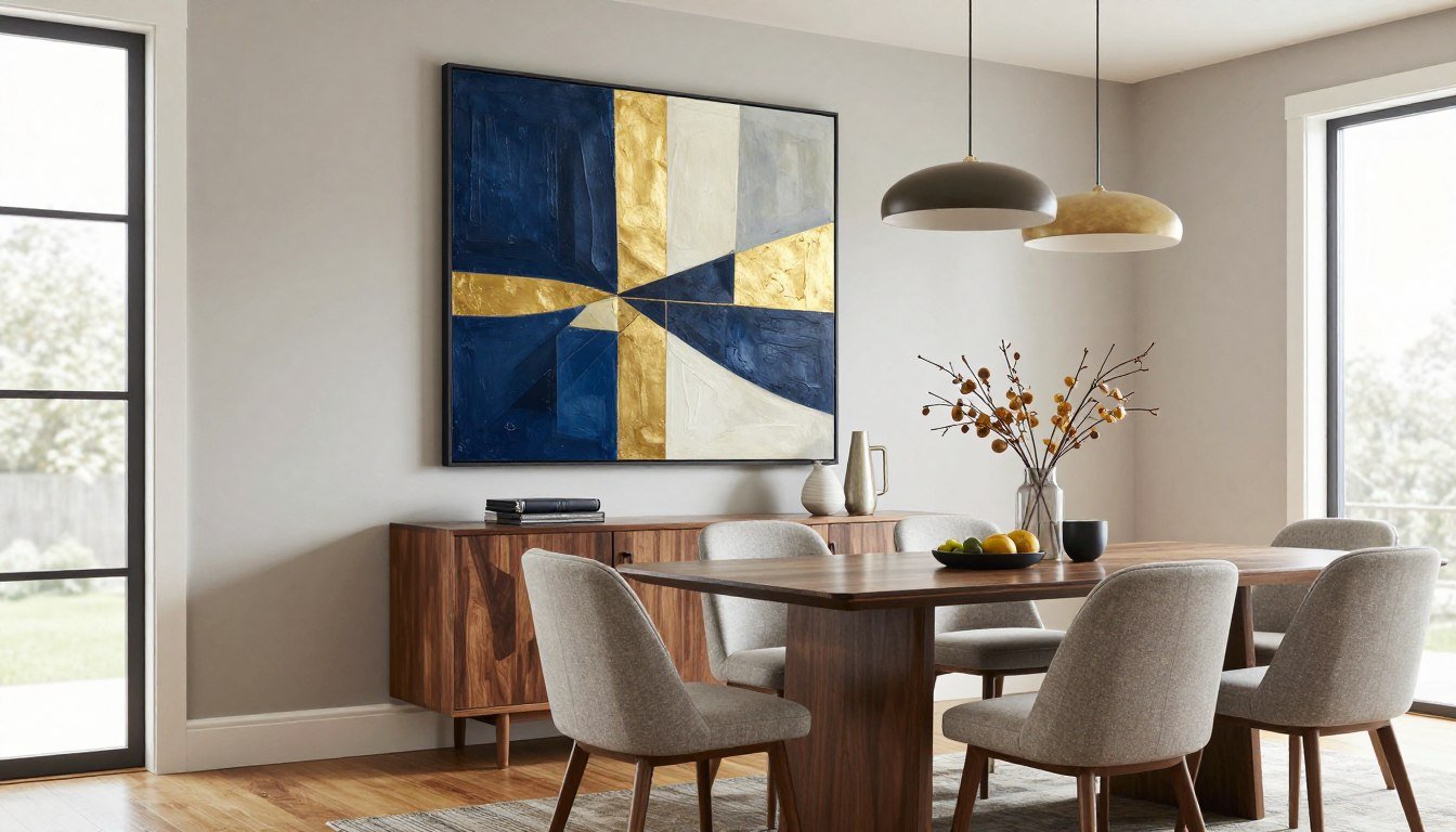 elegant dining room with large abstract canvas art above sideboard and modern dining table