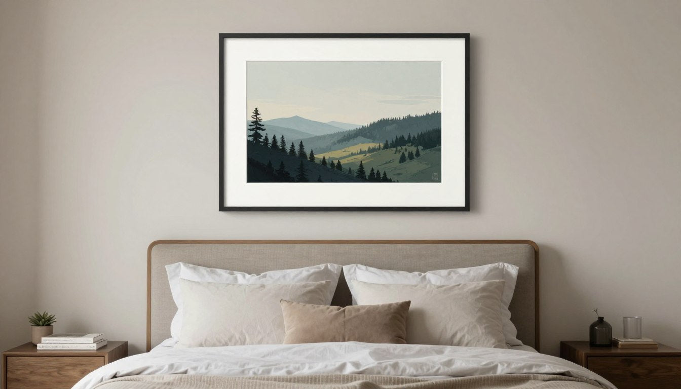 Master bedroom with properly displayed artwork above bed demonstrating the dos and don'ts of displaying artwork in a master bedr