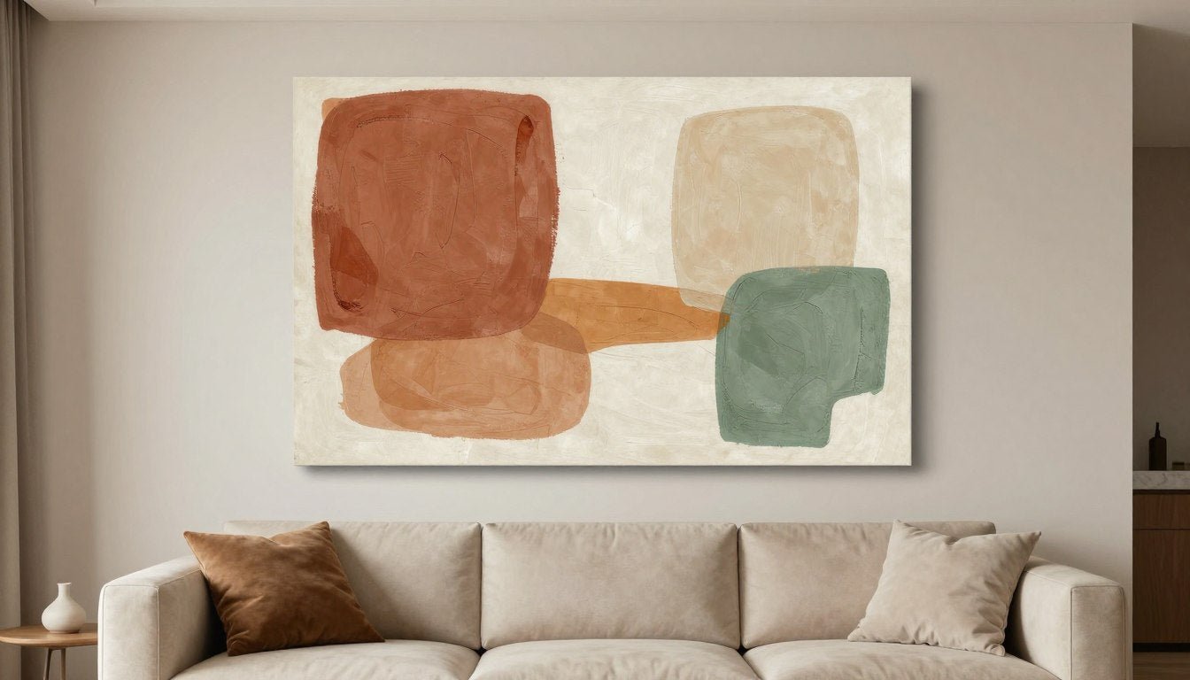 Earth tone wall art in modern living room with terracotta and sage accents