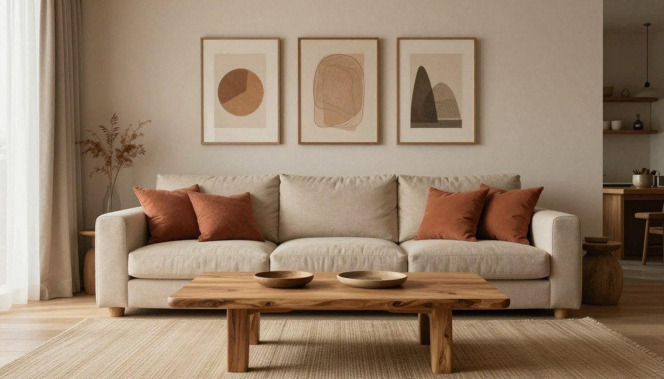Earthy interior design living room with neutral sofa, terracotta accents, and minimalist wall art