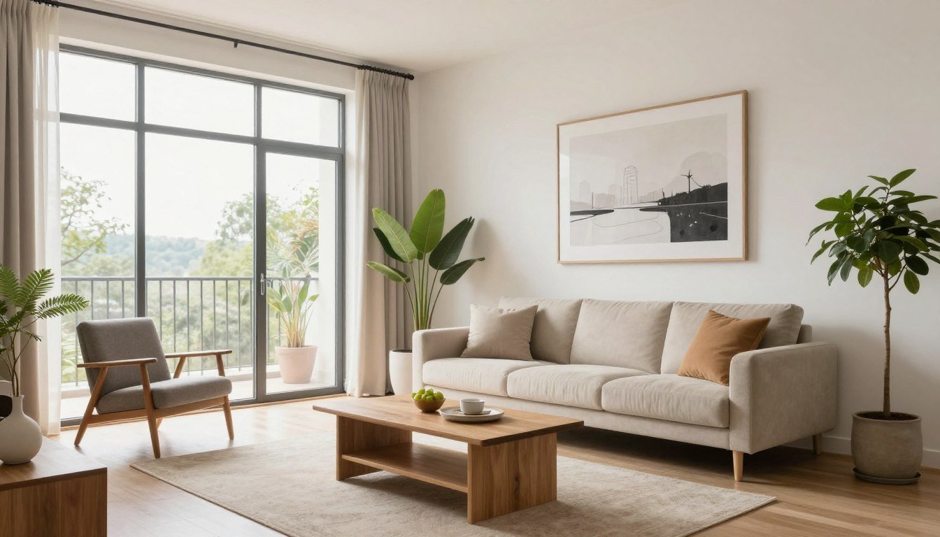 bright modern living room with natural light and wall art