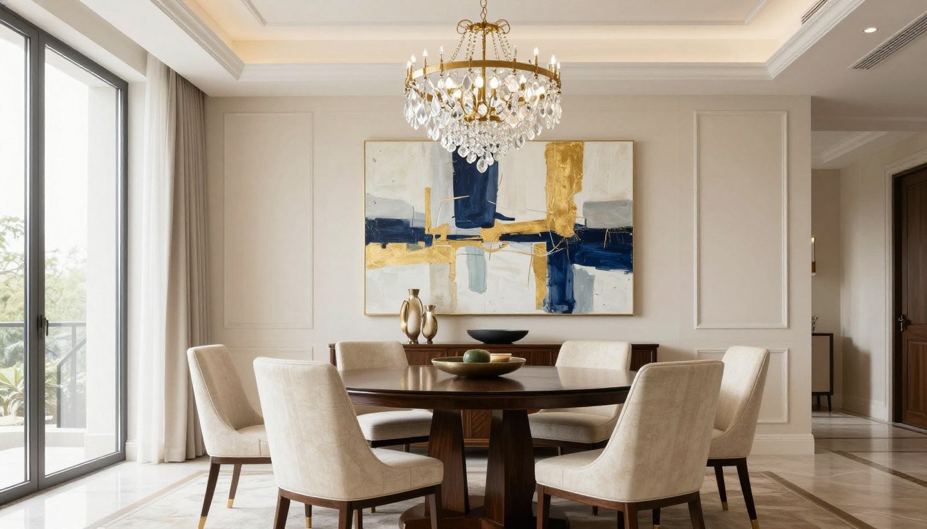 elegant dining room with sophisticated wall decor featuring large canvas art above sideboard