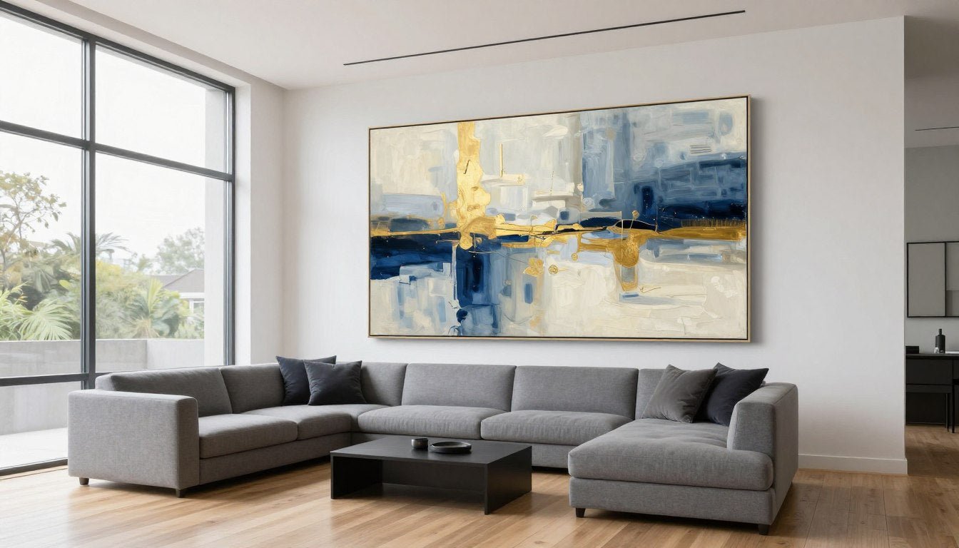 Extra large abstract canvas art above modern sectional sofa in spacious living room