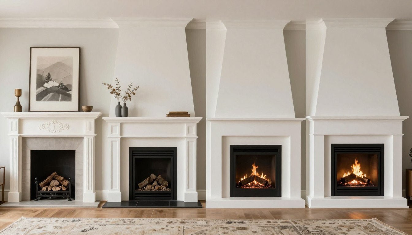 Four different fireplace hearth types showing traditional, modern, corner, and open-plan designs