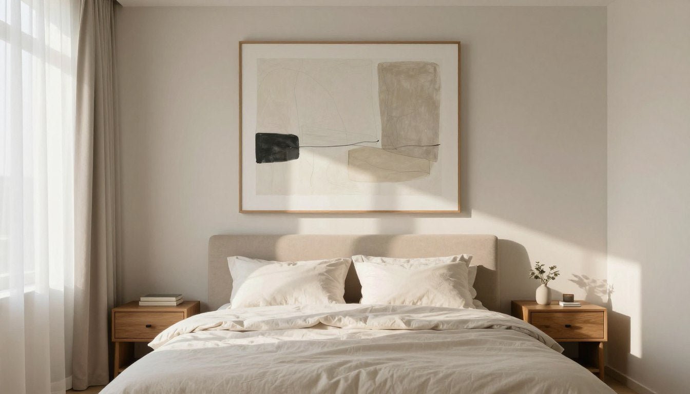 Serene bedroom with large abstract framed wall art above bed