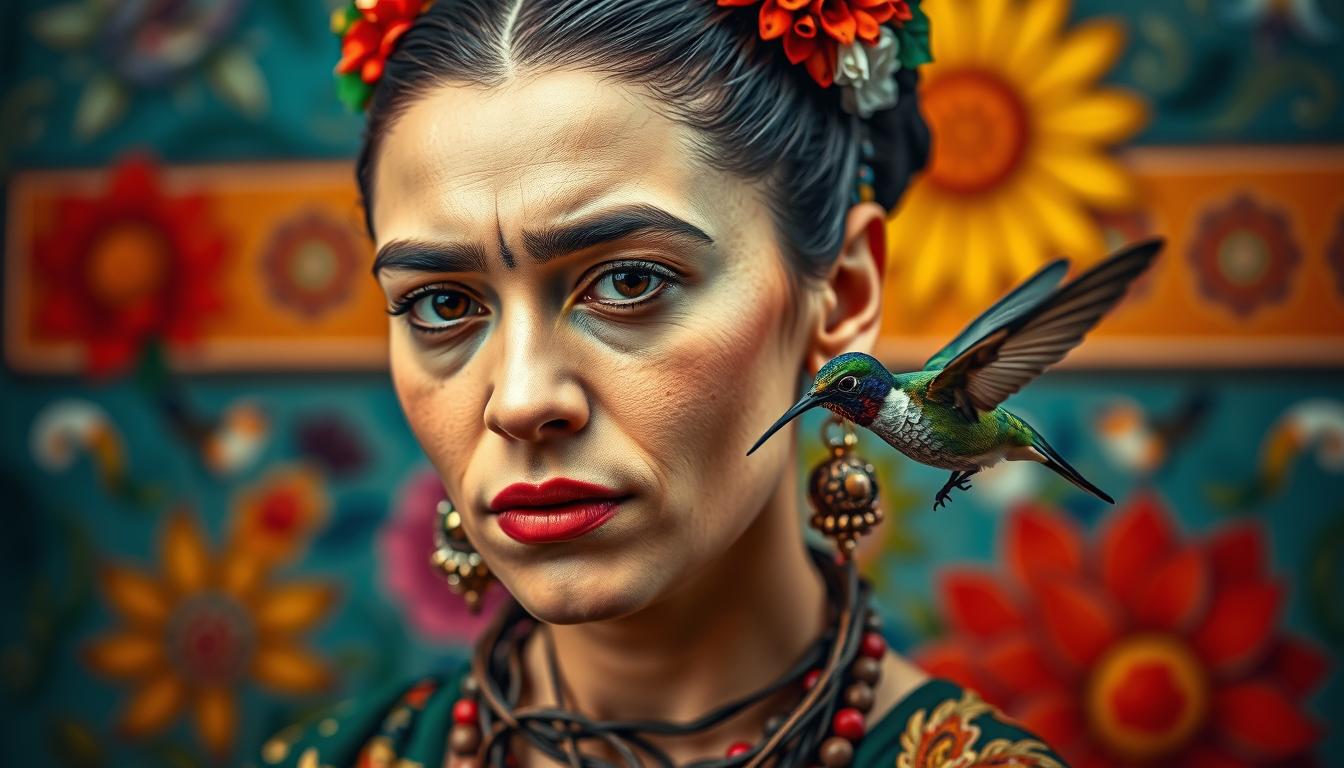 Frida Kahlo self-portrait with vibrant Mexican background and symbolic elements
