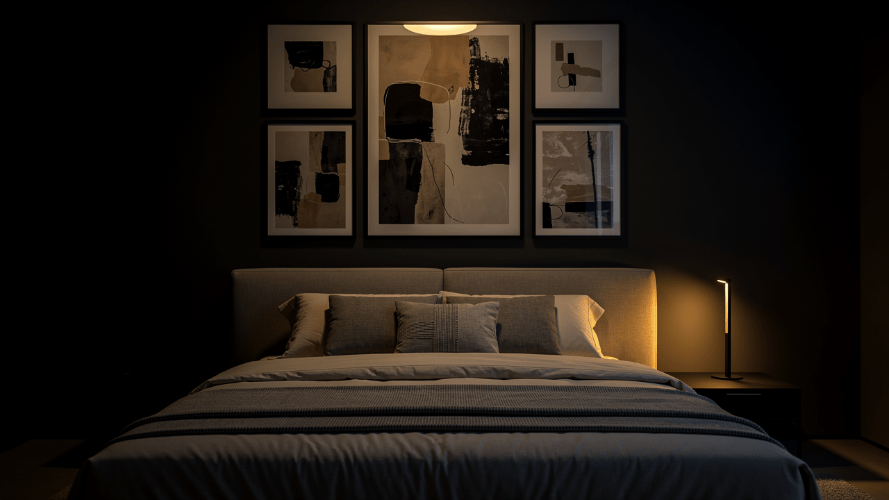 Gallery wall above bed with framed canvas prints in a modern bedroom — Rossetti Art