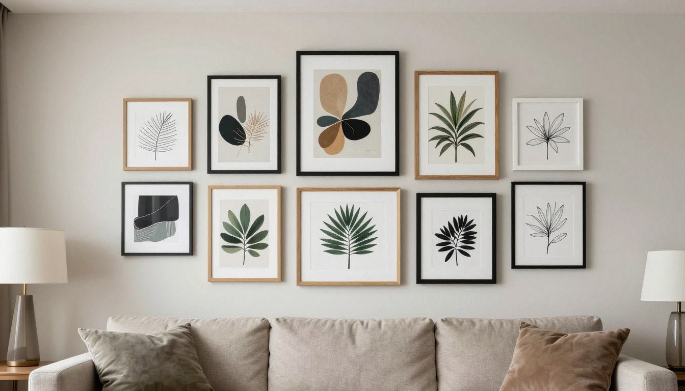 Modern gallery wall with mixed frames and artwork in contemporary living room