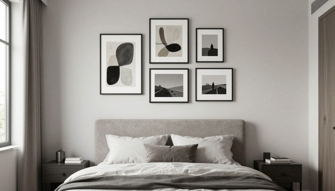 Modern bedroom gallery wall above bed with neutral tones