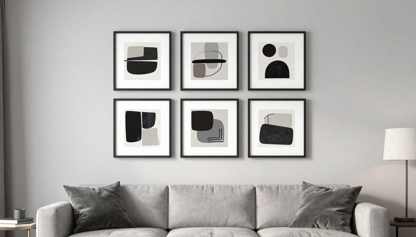 Modern living room with symmetrical grid gallery wall arrangement above sofa