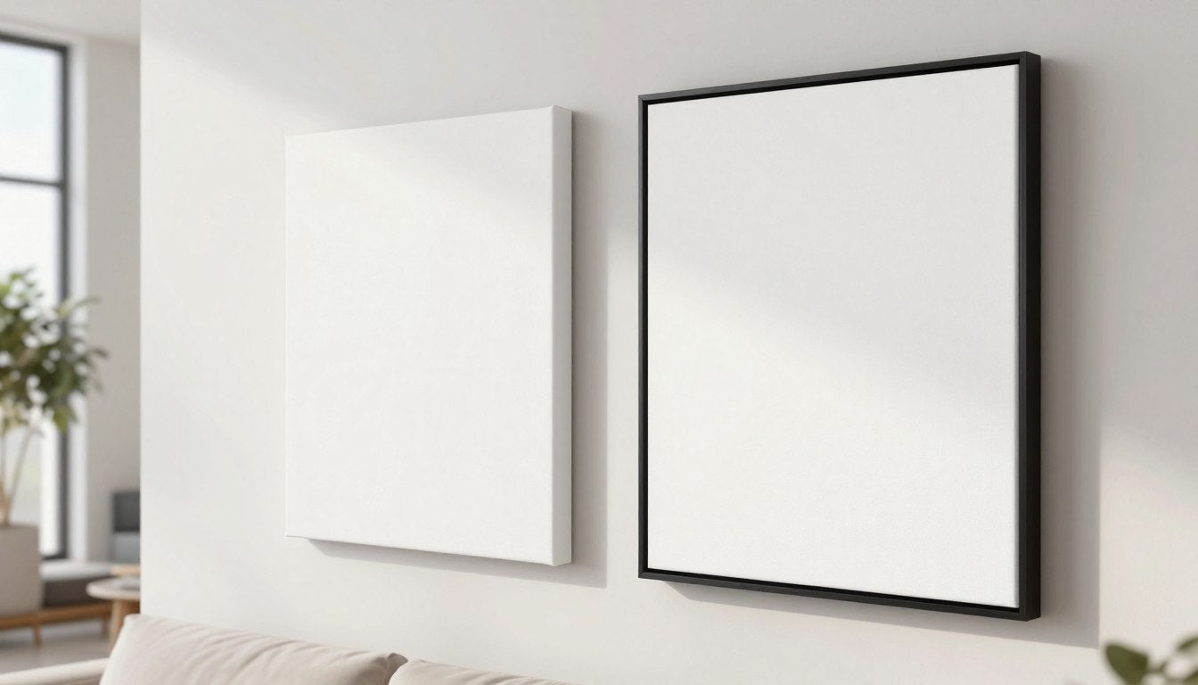 Gallery wrap vs float frame canvas prints comparison showing modern living room wall art
