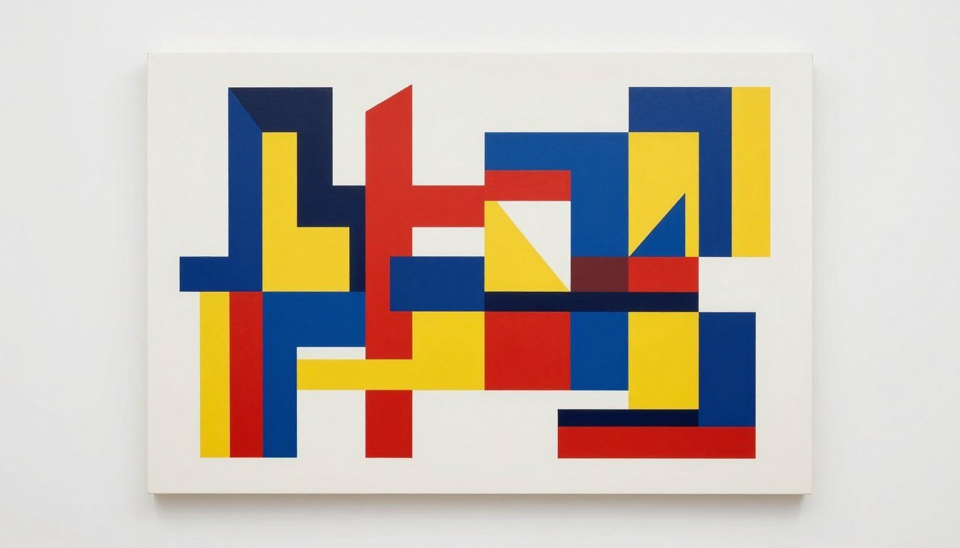 A striking geometric abstract artwork featuring bold primary colors and precise shapes