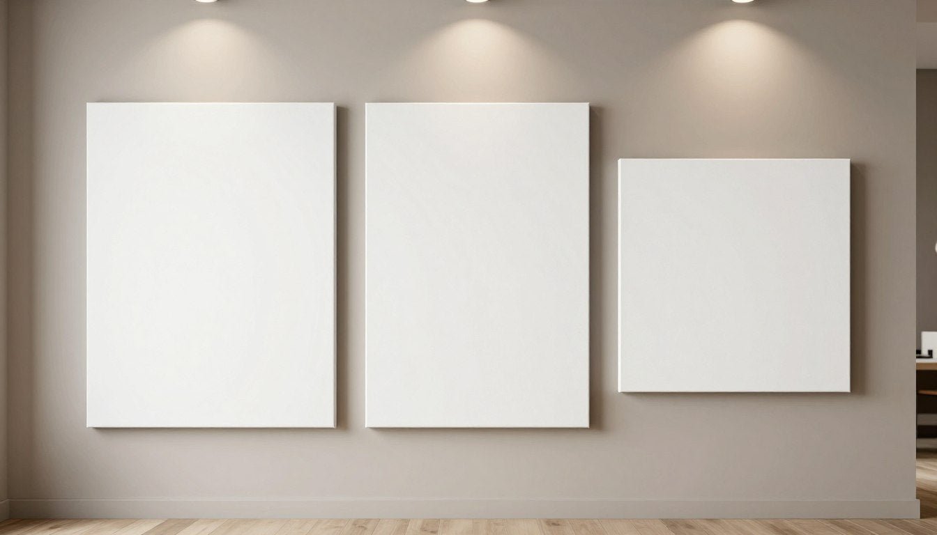 Verschillende canvasformaten naast elkaar getoond: liggend, staand en vierkant canvas met hun visuele impact