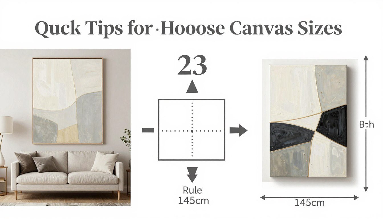 Infografik der viser hurtige tips til valg af lærredsstørrelser med visuelle eksempler af forskellige rum