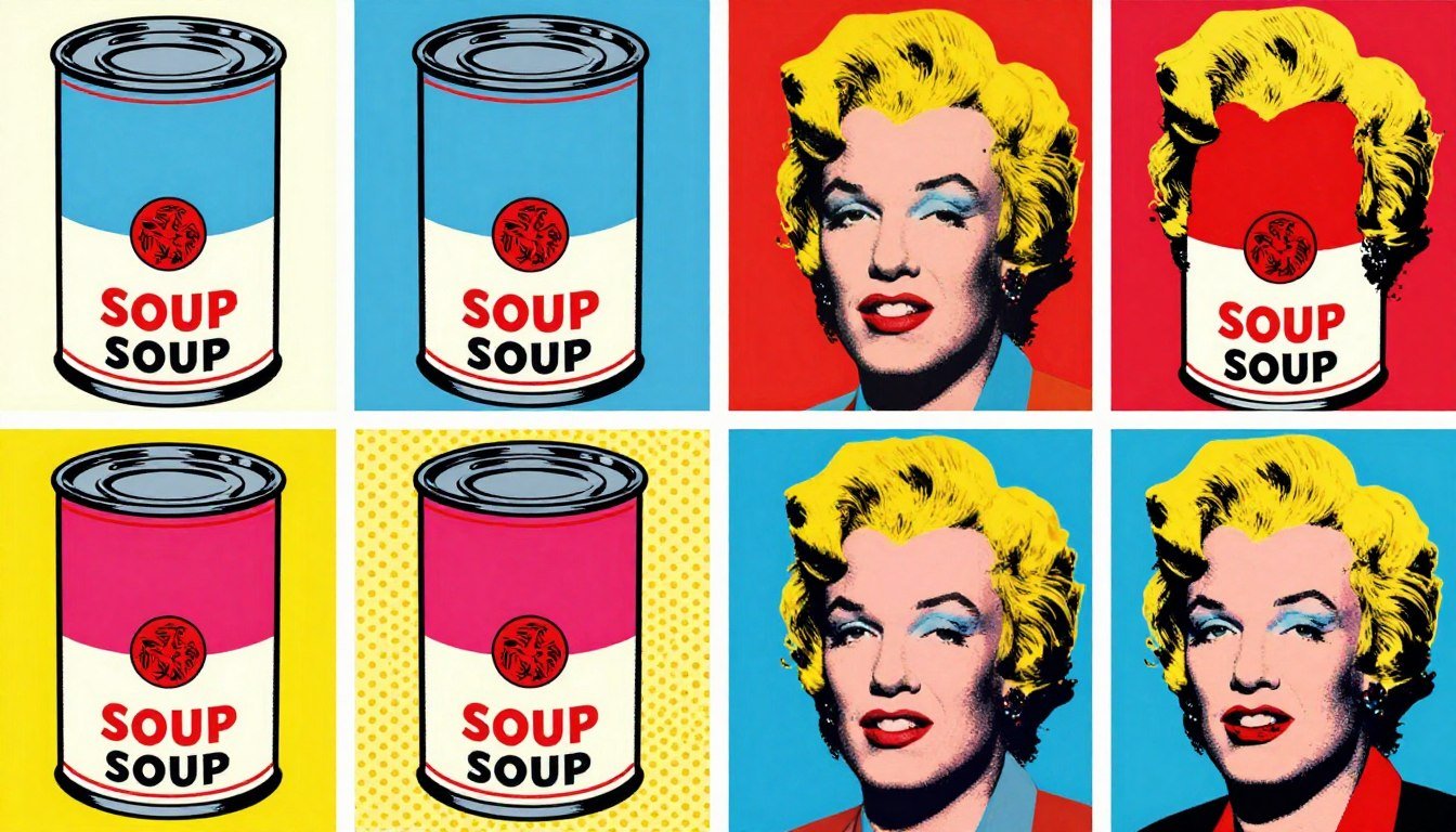 Colorful pop art collage showing iconic pop art elements including soup cans, comic panels, and celebrity portraits - guide to p