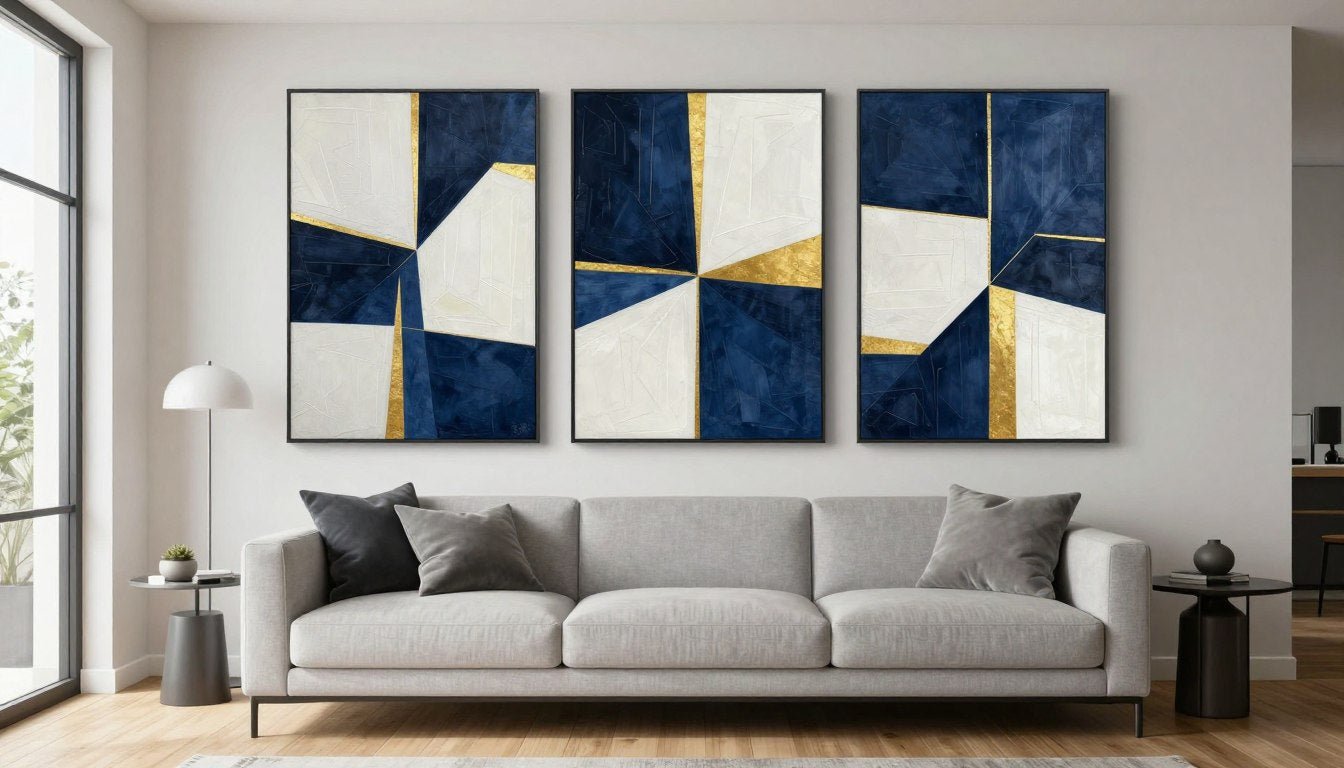 Modern living room with high-quality abstract canvas prints above minimalist sofa