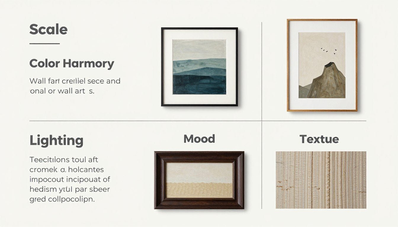Modern wall art selection framework showing scale, color, and mood considerations