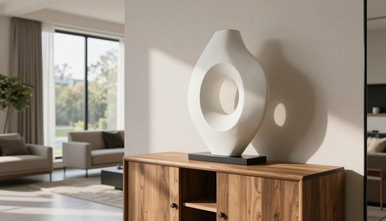 Modern living room featuring abstract sculpture on console table with natural lighting