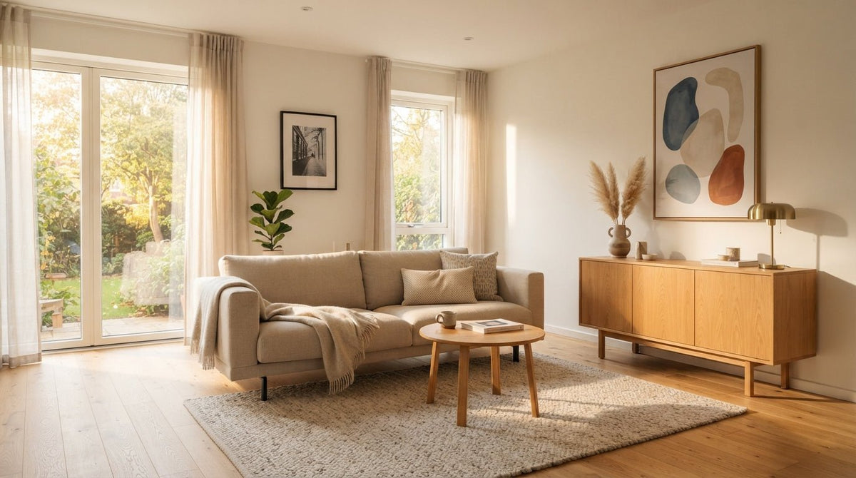 Housewarming gift wall art displayed above a modern credenza in a bright living room