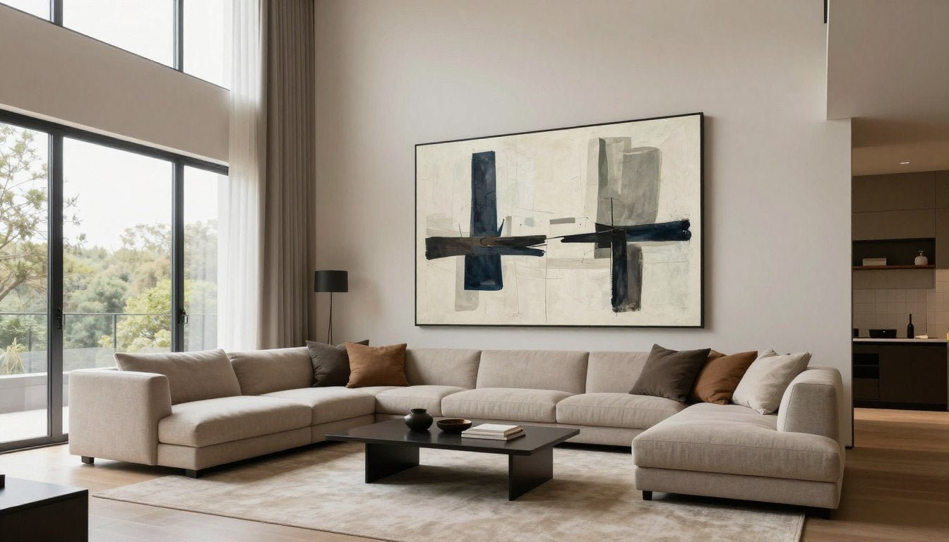 oversized abstract canvas print above sectional sofa in spacious modern living room