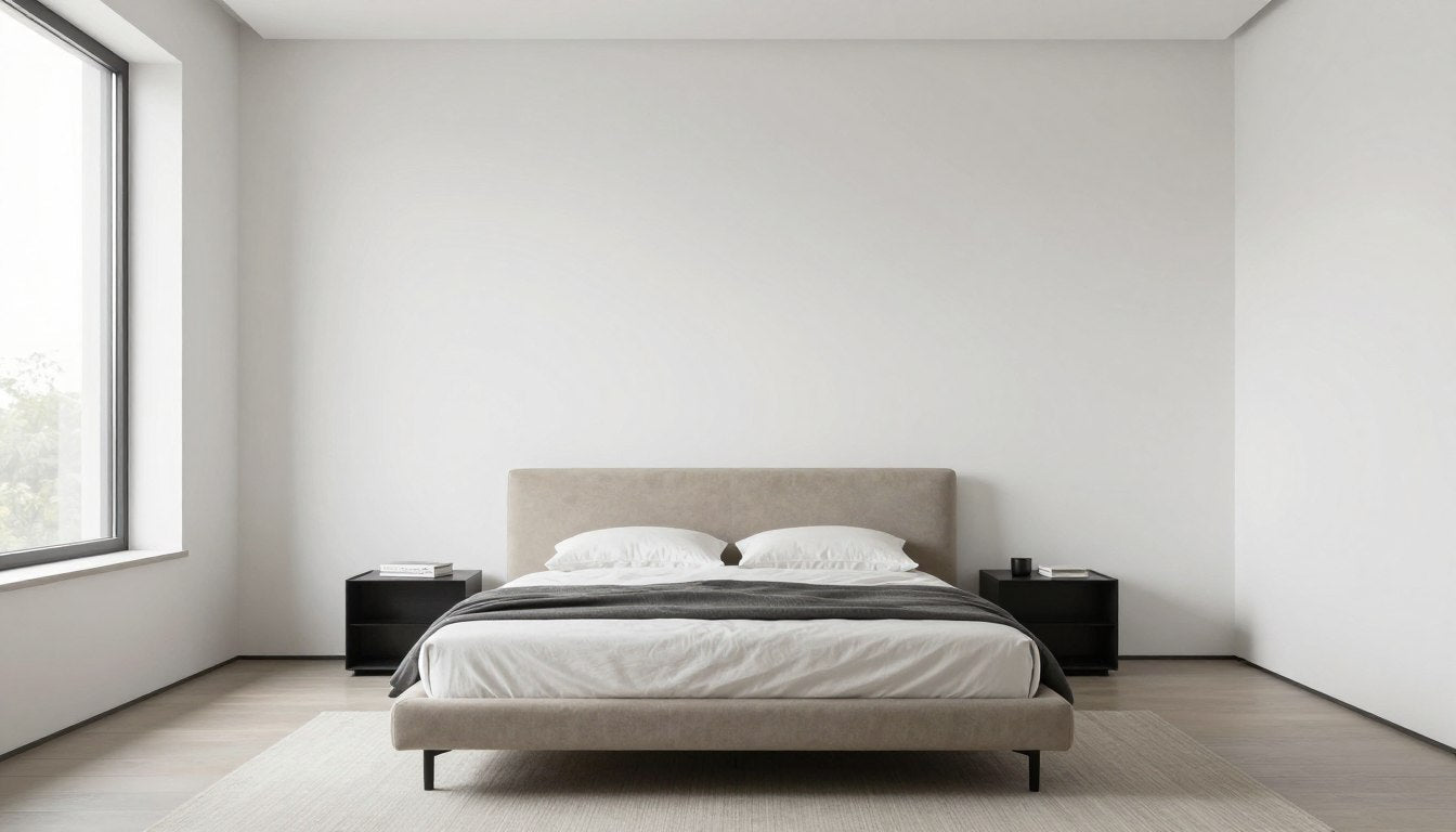 Large empty wall behind bed frame in modern bedroom awaiting decoration