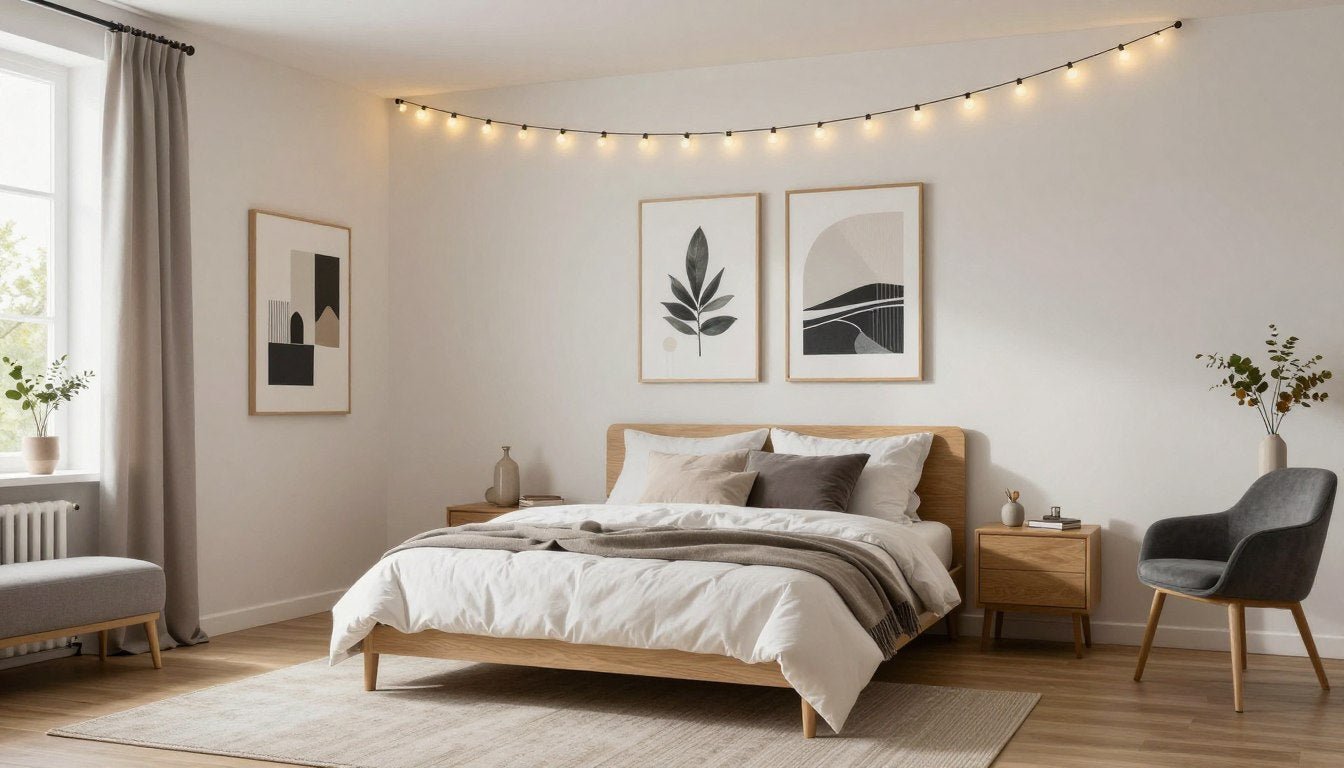 beautifully decorated rental bedroom with canvas wall art and removable decor