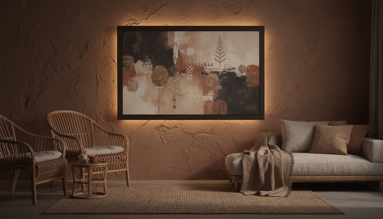 boho wall art canvas print in a dark wood floater frame styled in a bohemian living room