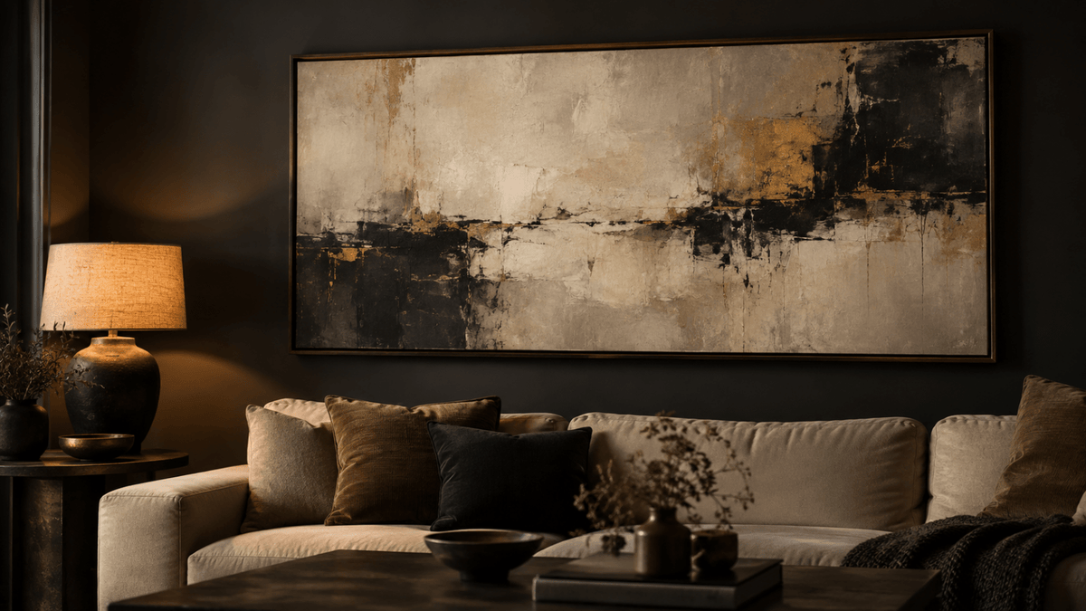 how high to hang art – large framed abstract canvas hung at eye level in a living room