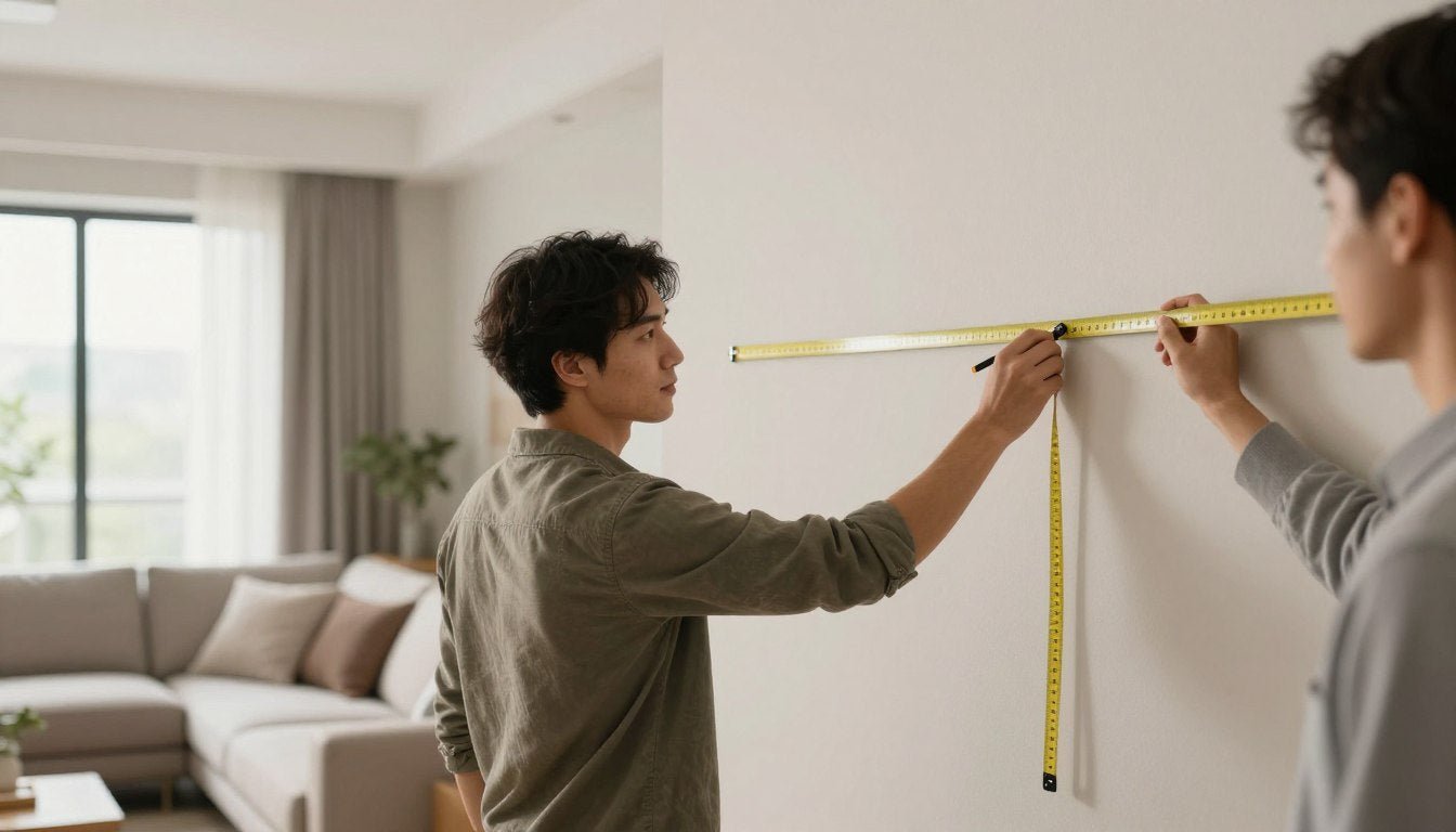 how high to hang pictures on a wall demonstration with measuring tape showing eye level height