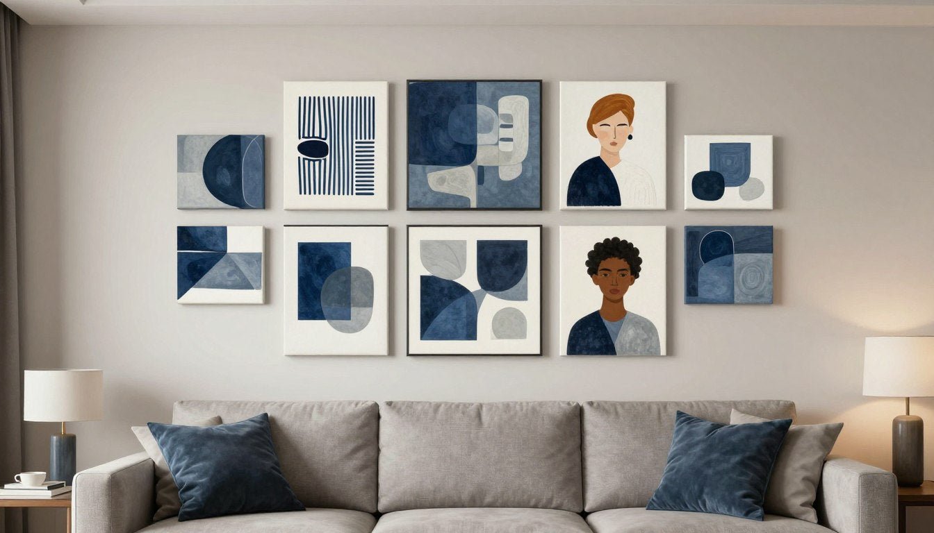 how to arrange art on a wall with multiple canvas prints in modern living room
