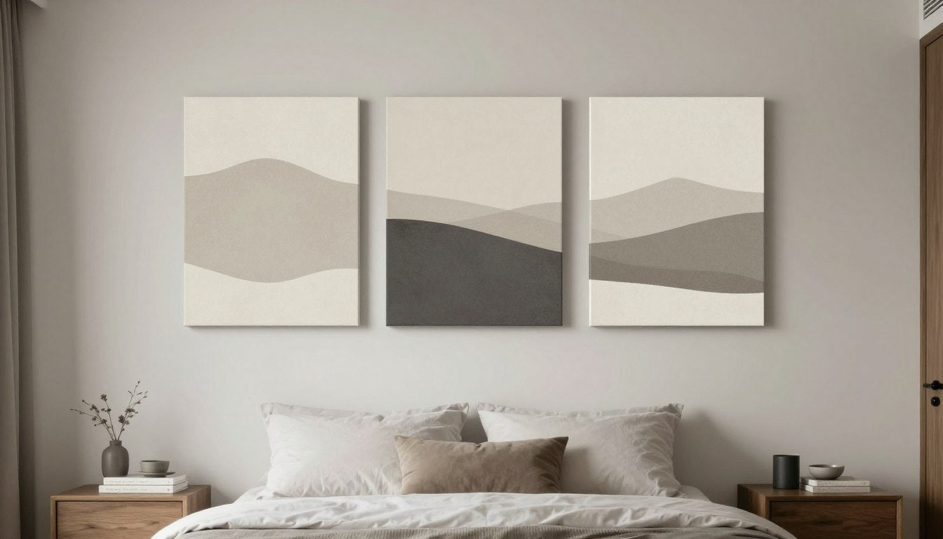How to arrange wall art in a bedroom with modern canvas prints above bed