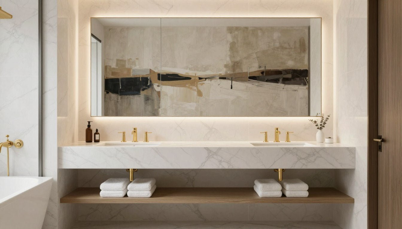 Luxurious modern bathroom featuring high-end abstract wall art above floating vanity