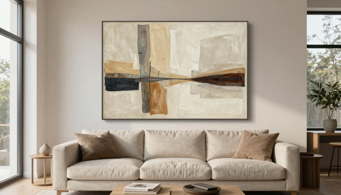 Large abstract canvas print above modern sofa in contemporary living room