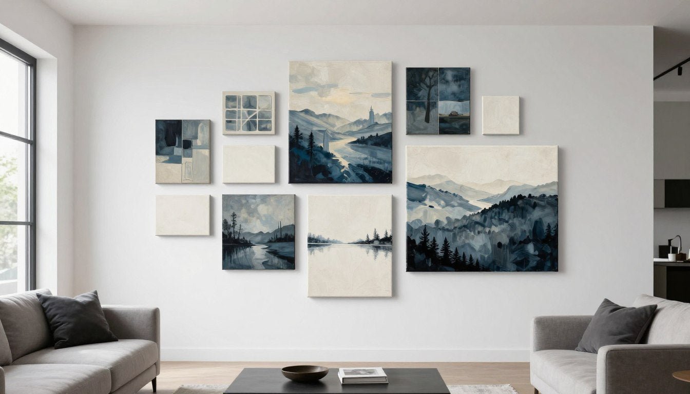 Various canvas sizes displayed on modern living room wall showing how to choose the right canvas size