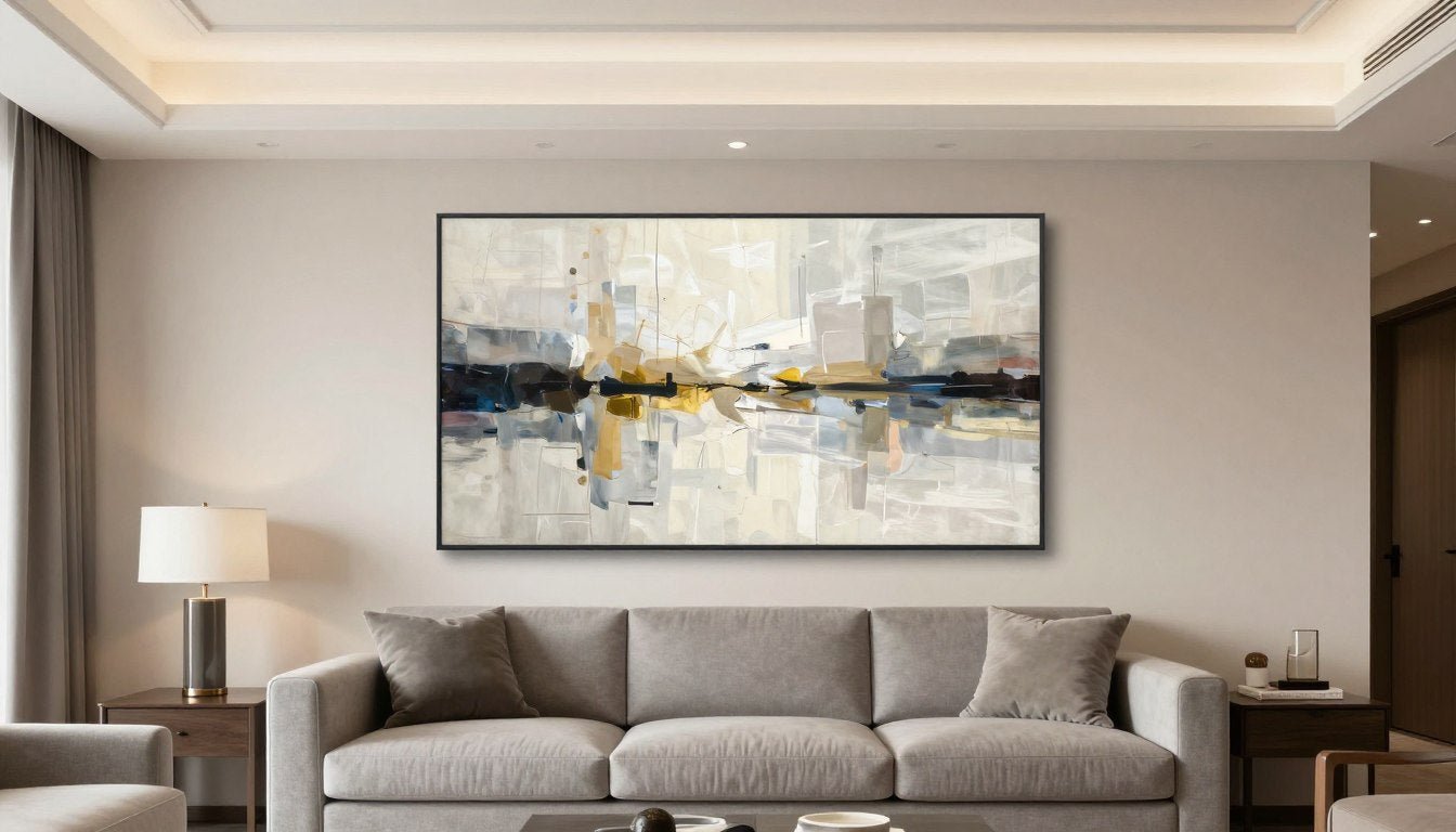 Beautiful living room with large wall art above sofa showing proper scale and placement