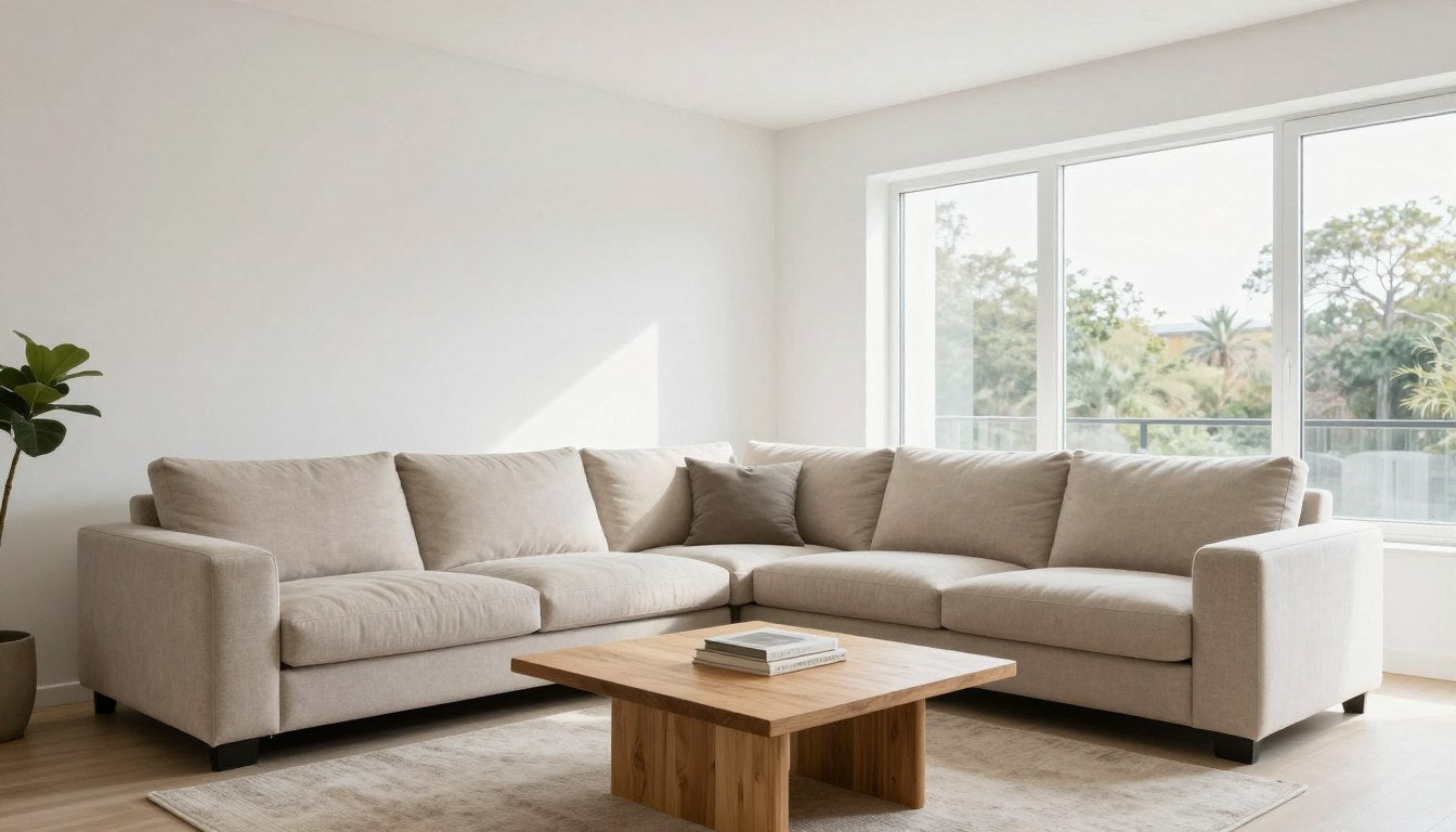 Modern living room interior with neutral furniture and natural lighting awaiting wall art selection