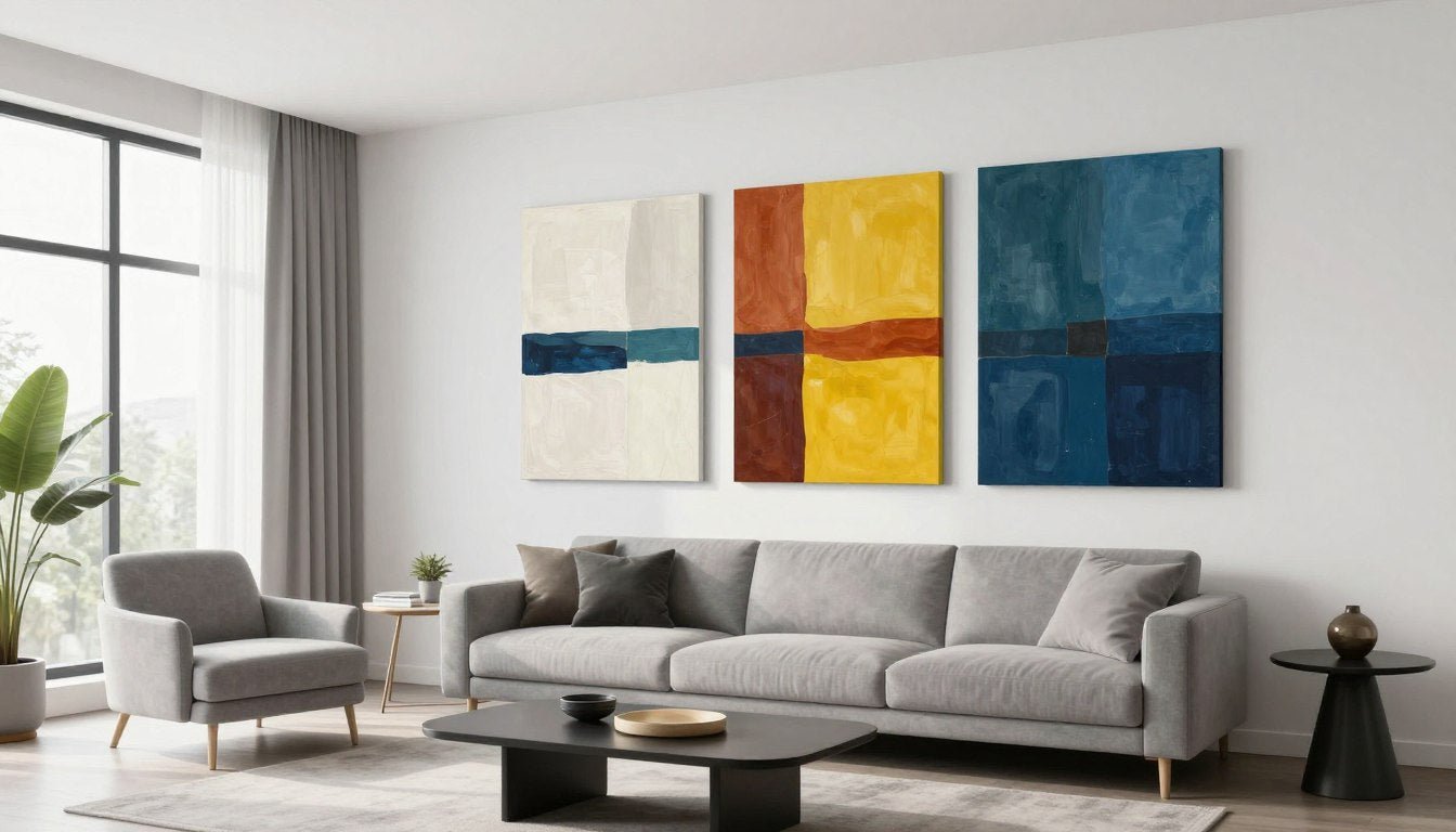 Modern living room with curated wall art matching interior design style