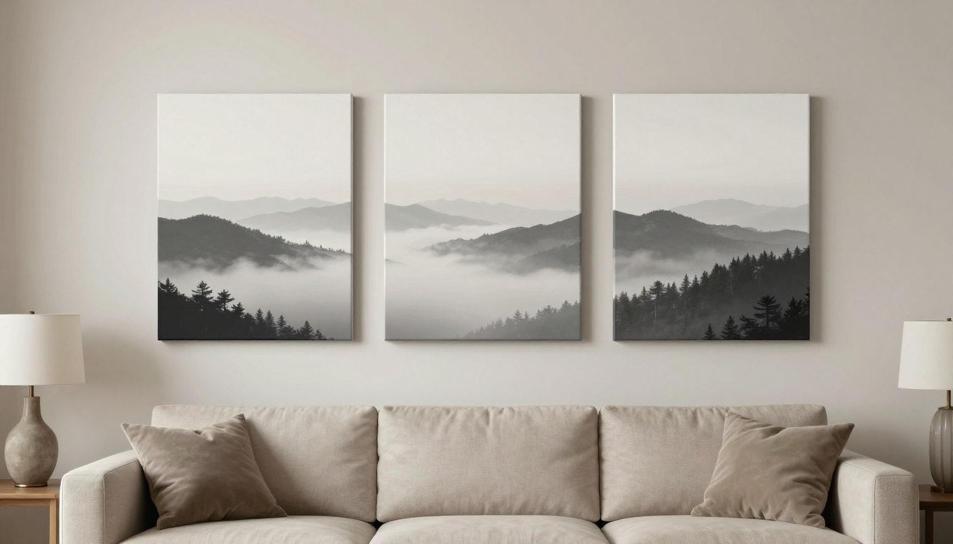 Three cohesive prints arranged on a living room wall above a modern sofa creating a minimalist gallery wall